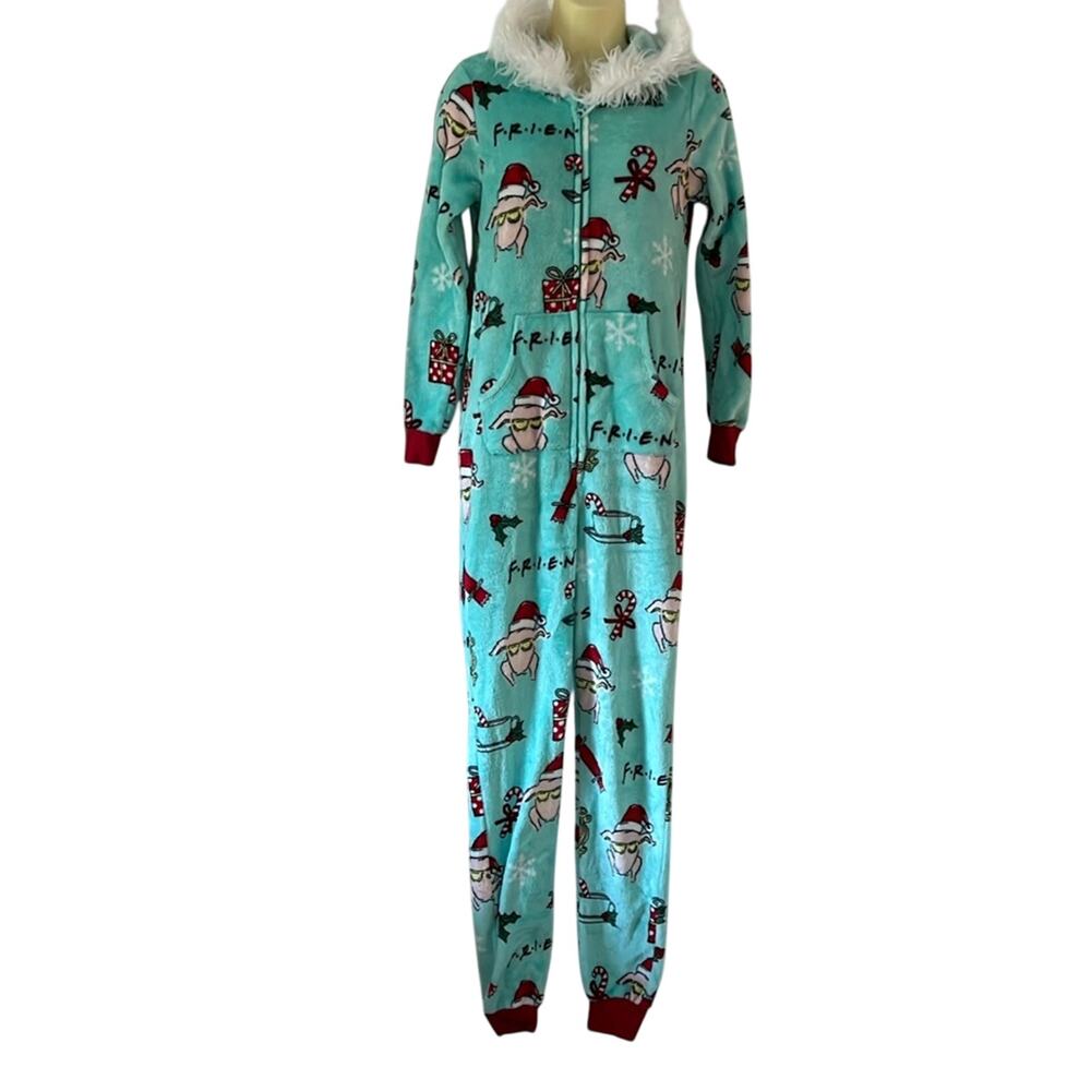 Friends XS Christmas One Pc Fleece Pajamas w Fur Trimmed Hood Holiday Cozy Warm